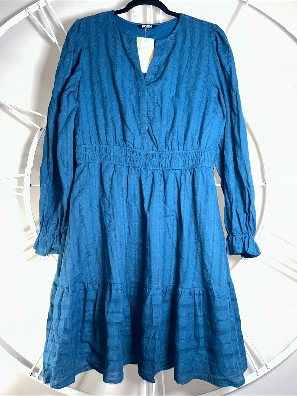 BTFBM Casual V-Neck A-Line Mini Dress in Teal Blue